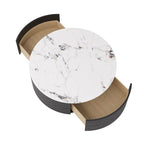 Table basse ronde moderne avec plateau en marbre, piètement en métal et 2 tiroirs