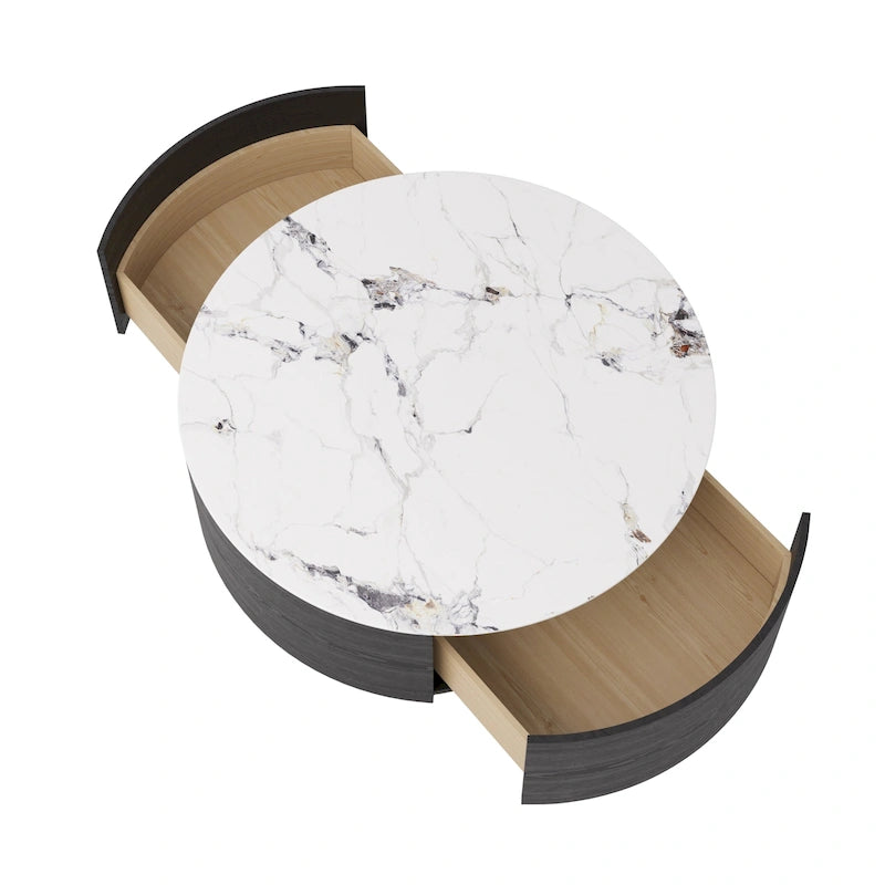 Table basse ronde moderne avec plateau en marbre, piètement en métal et 2 tiroirs