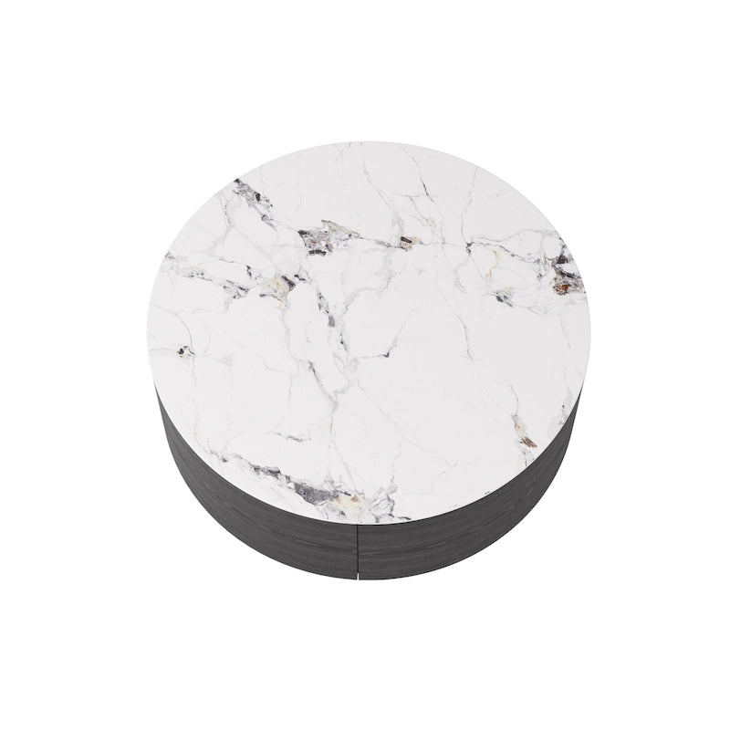 Table basse ronde moderne avec plateau en marbre, piètement en métal et 2 tiroirs