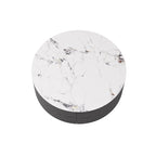 Table basse ronde moderne avec plateau en marbre, piètement en métal et 2 tiroirs