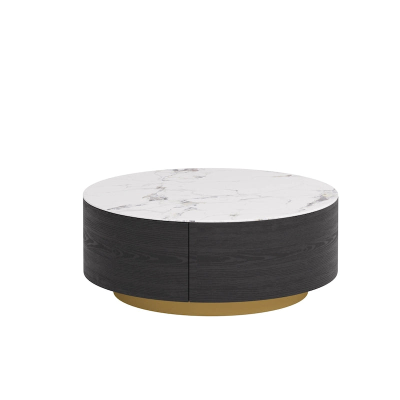 Table basse ronde moderne avec plateau en marbre, piètement en métal et 2 tiroirs