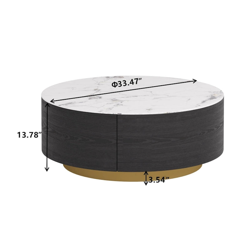 Table basse ronde moderne avec plateau en marbre, piètement en métal et 2 tiroirs