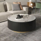 Table basse ronde moderne avec plateau en marbre, piètement en métal et 2 tiroirs