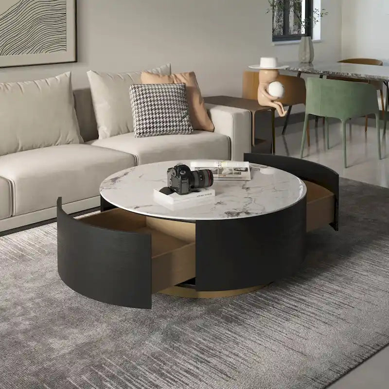 Table basse ronde moderne avec plateau en marbre, piètement en métal et 2 tiroirs