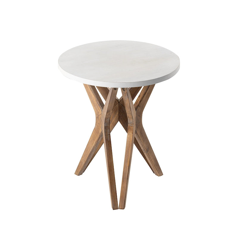 Table d'appoint ronde COZAYH, style ferme moderne, plateau vieilli et piètement assorti. Idéale pour une déco bohème ou une maison de campagne moderne.