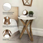 Table d'appoint ronde COZAYH, style ferme moderne, plateau vieilli et piètement assorti. Idéale pour une déco bohème ou une maison de campagne moderne.