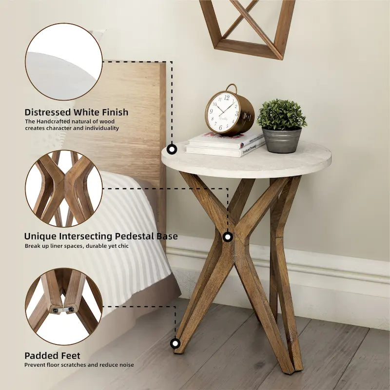Table d'appoint ronde COZAYH, style ferme moderne, plateau vieilli et piètement assorti. Idéale pour une déco bohème ou une maison de campagne moderne.