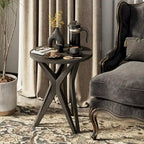Table d'appoint ronde COZAYH, style ferme moderne, plateau vieilli et piètement assorti. Idéale pour une déco bohème ou une maison de campagne moderne.