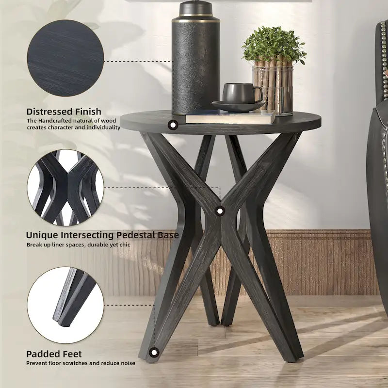 Table d'appoint ronde COZAYH, style ferme moderne, plateau vieilli et piètement assorti. Idéale pour une déco bohème ou une maison de campagne moderne.