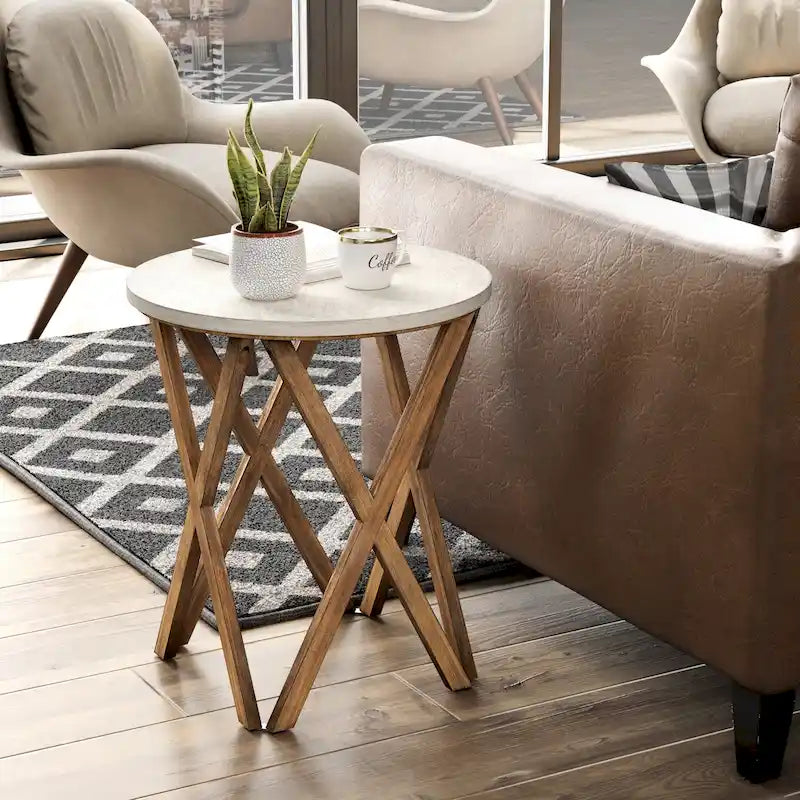 Table d'appoint ronde COZAYH, style ferme moderne, plateau vieilli et piètement assorti. Idéale pour une déco bohème ou une maison de campagne moderne.