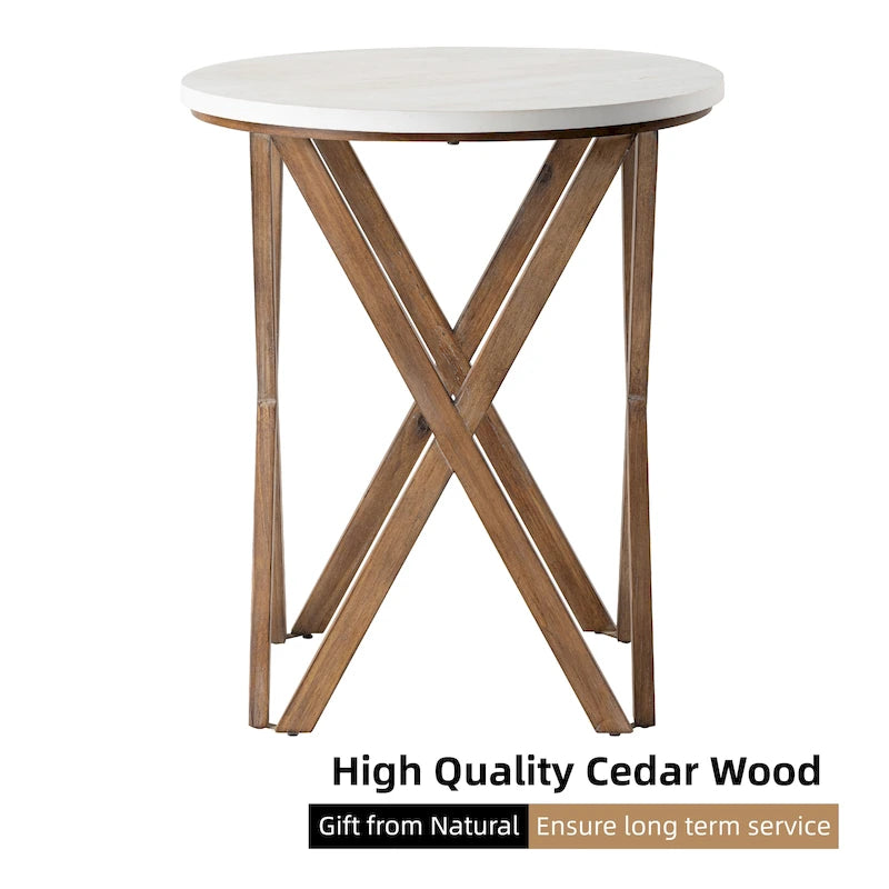 Table d'appoint ronde COZAYH, style ferme moderne, plateau vieilli et piètement assorti. Idéale pour une déco bohème ou une maison de campagne moderne.