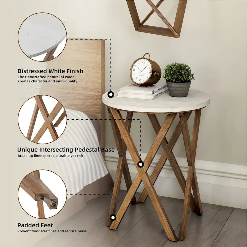 Table d'appoint ronde COZAYH, style ferme moderne, plateau vieilli et piètement assorti. Idéale pour une déco bohème ou une maison de campagne moderne.