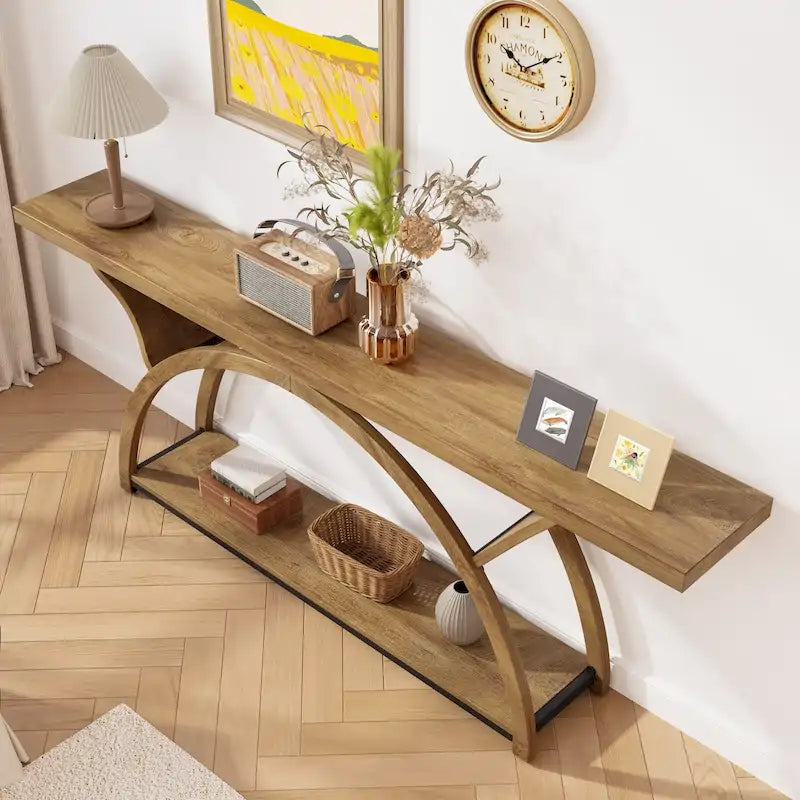 Console allongée et étroite à 2 niveaux avec cadre semi-circulaire pour entrée, table d'appoint grise pour couloir
