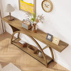 Console allongée et étroite à 2 niveaux avec cadre semi-circulaire pour entrée, table d'appoint grise pour couloir