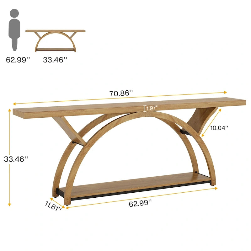 Console allongée et étroite à 2 niveaux avec cadre semi-circulaire pour entrée, table d'appoint grise pour couloir