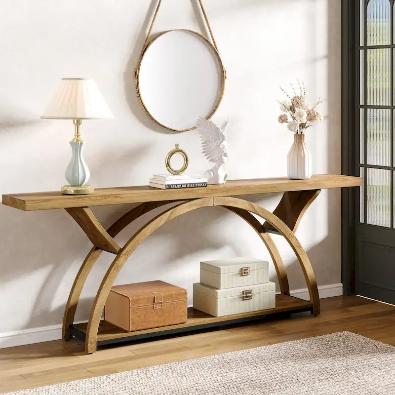 Console allongée et étroite à 2 niveaux avec cadre semi-circulaire pour entrée, table d'appoint grise pour couloir