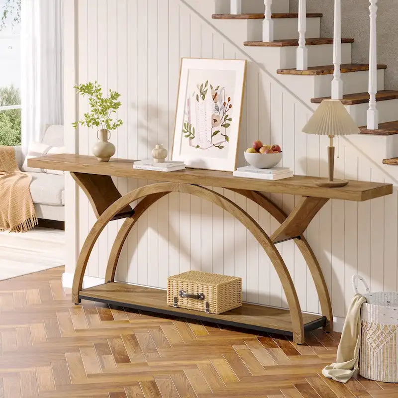 Console allongée et étroite à 2 niveaux avec cadre semi-circulaire pour entrée, table d'appoint grise pour couloir