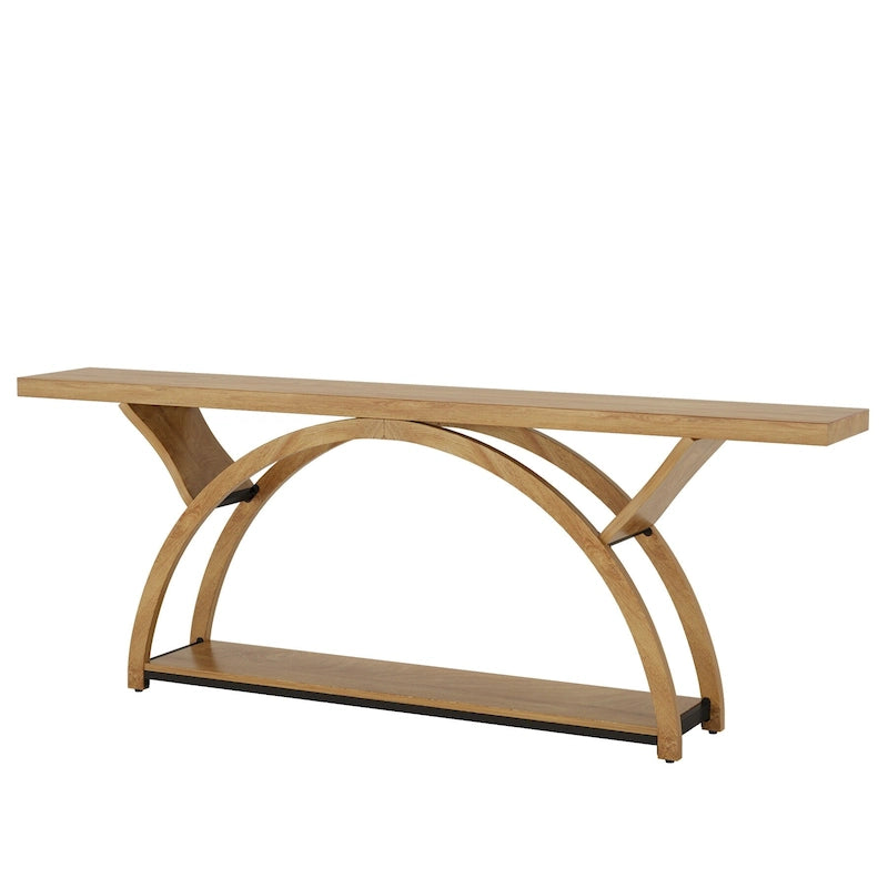 Console allongée et étroite à 2 niveaux avec cadre semi-circulaire pour entrée, table d'appoint grise pour couloir