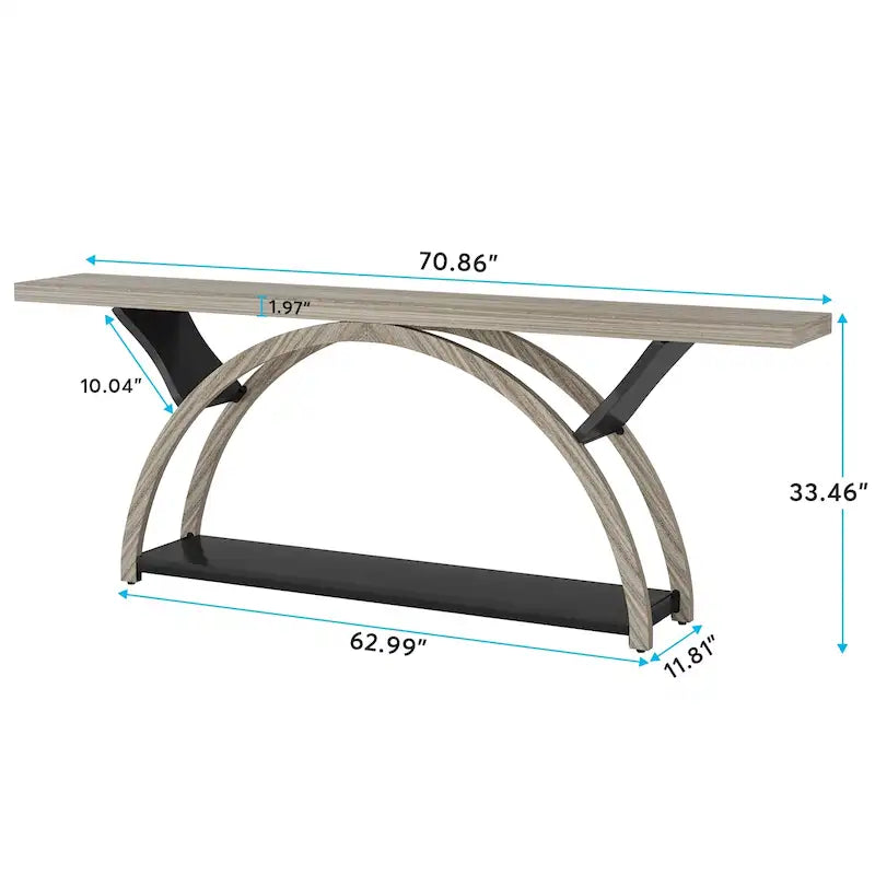 Console allongée et étroite à 2 niveaux avec cadre semi-circulaire pour entrée, table d'appoint grise pour couloir