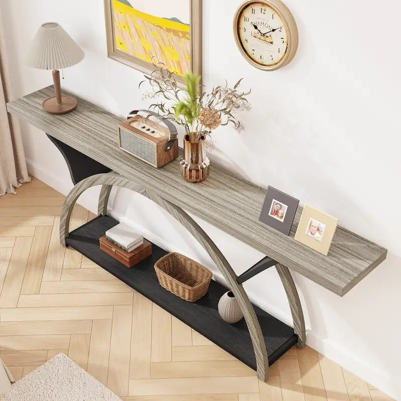 Console allongée et étroite à 2 niveaux avec cadre semi-circulaire pour entrée, table d'appoint grise pour couloir
