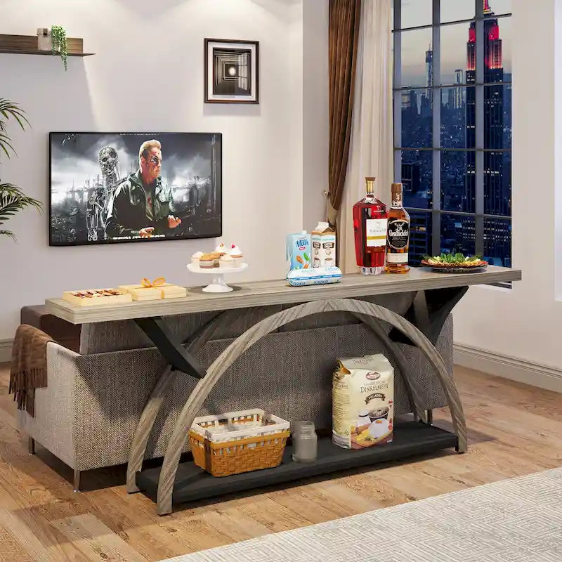 Console allongée et étroite à 2 niveaux avec cadre semi-circulaire pour entrée, table d'appoint grise pour couloir
