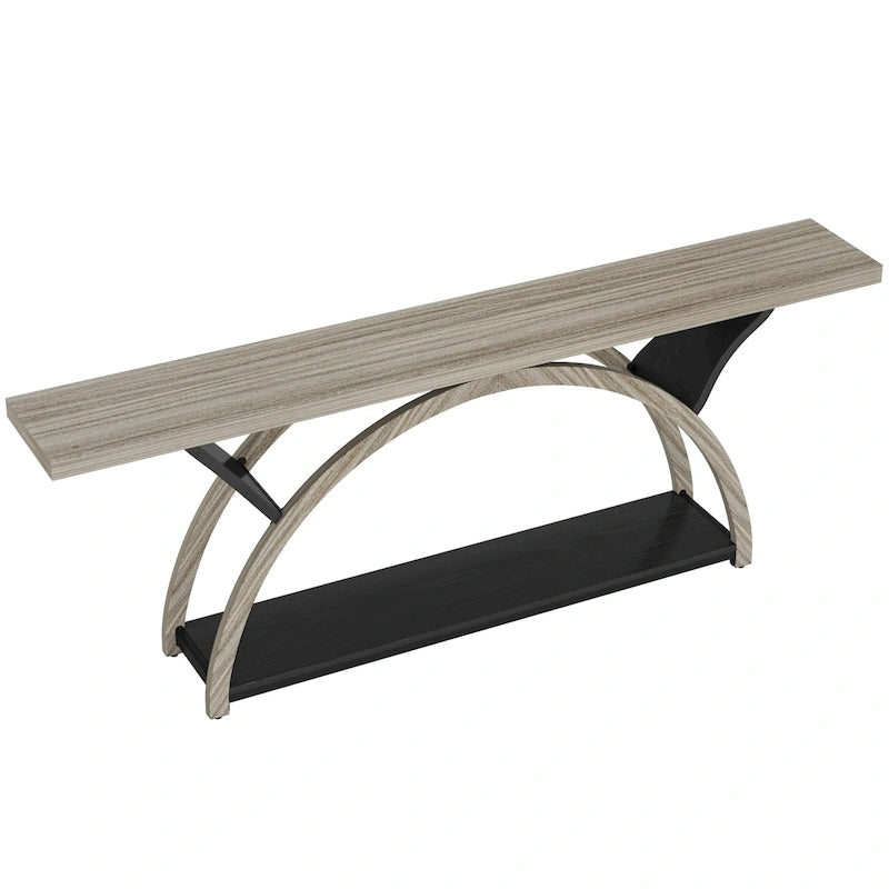 Console allongée et étroite à 2 niveaux avec cadre semi-circulaire pour entrée, table d'appoint grise pour couloir