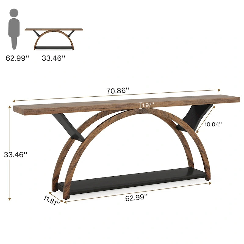 Console allongée et étroite à 2 niveaux avec cadre semi-circulaire pour entrée, table d'appoint grise pour couloir