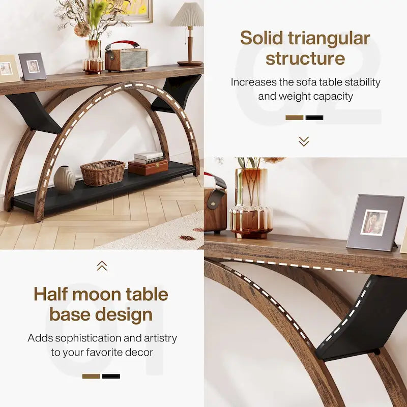 Console allongée et étroite à 2 niveaux avec cadre semi-circulaire pour entrée, table d'appoint grise pour couloir