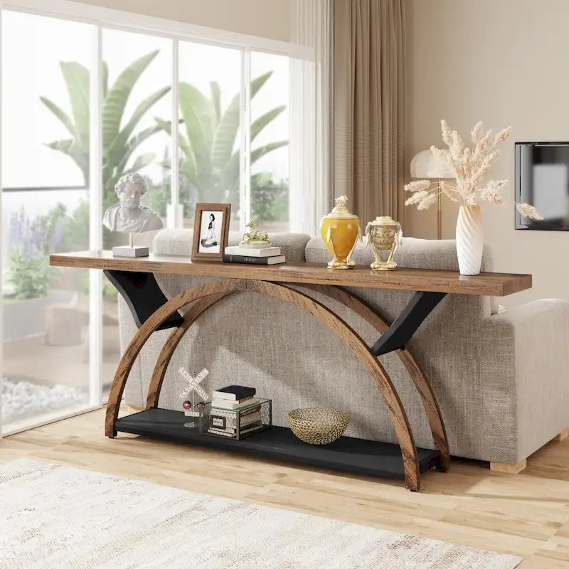 Console allongée et étroite à 2 niveaux avec cadre semi-circulaire pour entrée, table d'appoint grise pour couloir