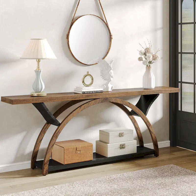 Console allongée et étroite à 2 niveaux avec cadre semi-circulaire pour entrée, table d'appoint grise pour couloir