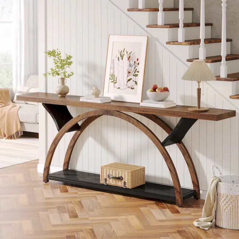 Console allongée et étroite à 2 niveaux avec cadre semi-circulaire pour entrée, table d'appoint grise pour couloir