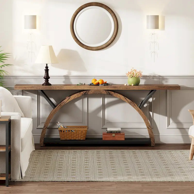 Console allongée et étroite à 2 niveaux avec cadre semi-circulaire pour entrée, table d'appoint grise pour couloir