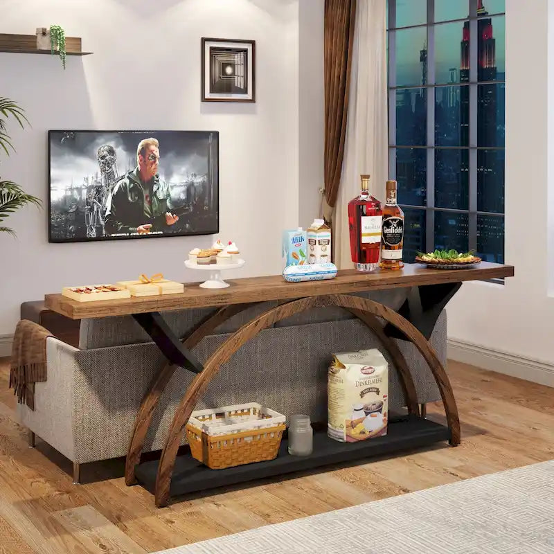 Console allongée et étroite à 2 niveaux avec cadre semi-circulaire pour entrée, table d'appoint grise pour couloir