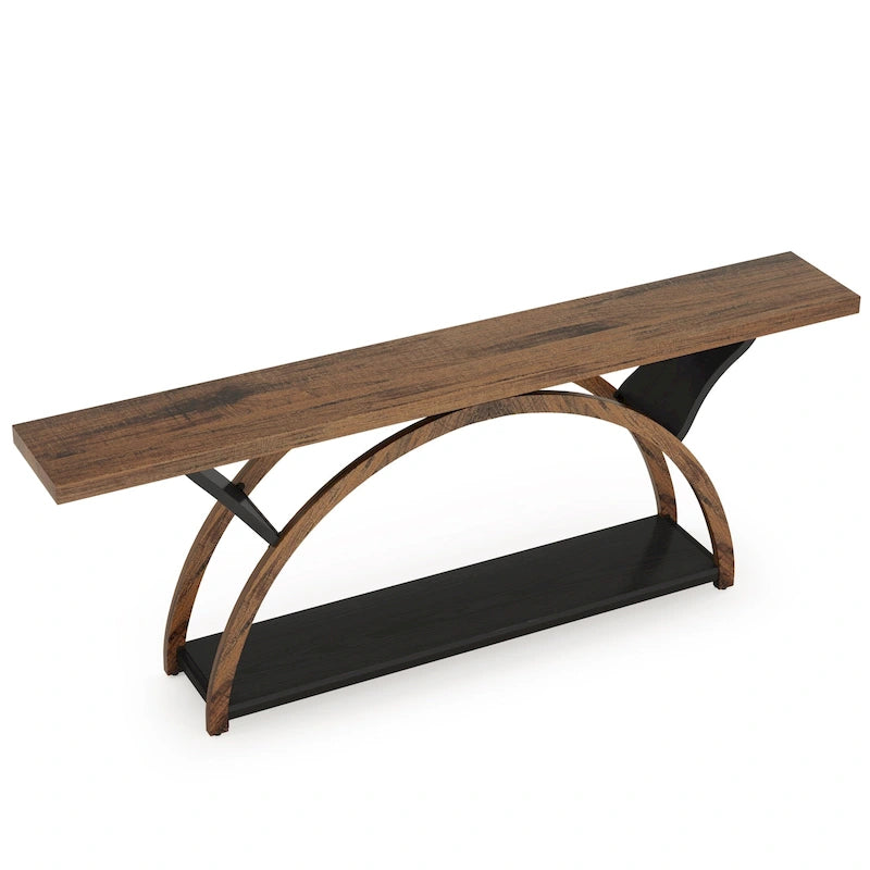 Console allongée et étroite à 2 niveaux avec cadre semi-circulaire pour entrée, table d'appoint grise pour couloir