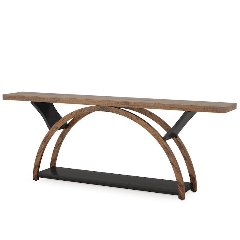 Console allongée et étroite à 2 niveaux avec cadre semi-circulaire pour entrée, table d'appoint grise pour couloir