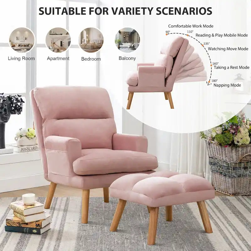 Fauteuil de salon décontracté en tissu souple avec dossier et pieds réglables, tabouret