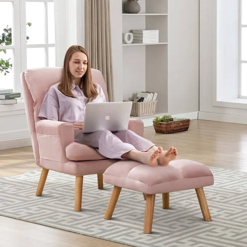 Fauteuil de salon décontracté en tissu souple avec dossier et pieds réglables, tabouret