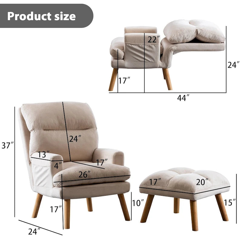 Fauteuil de salon décontracté en tissu souple avec dossier et pieds réglables, tabouret