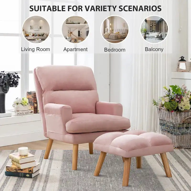 Fauteuil de salon décontracté en tissu souple avec dossier et pieds réglables, tabouret