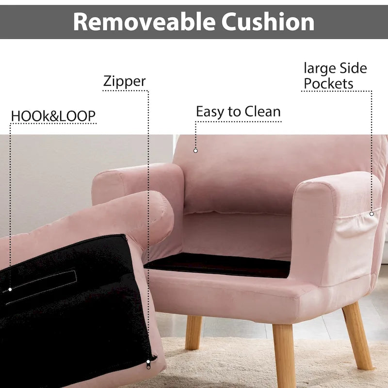 Fauteuil de salon décontracté en tissu souple avec dossier et pieds réglables, tabouret