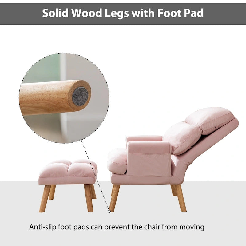 Fauteuil de salon décontracté en tissu souple avec dossier et pieds réglables, tabouret