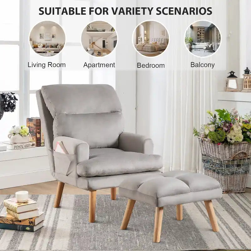 Fauteuil de salon décontracté en tissu souple avec dossier et pieds réglables, tabouret