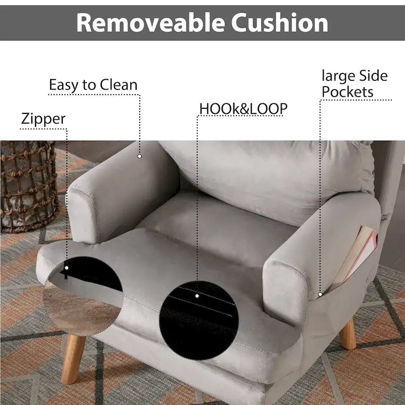 Fauteuil de salon décontracté en tissu souple avec dossier et pieds réglables, tabouret