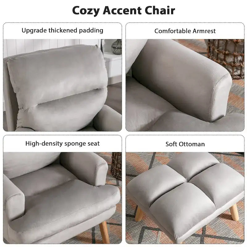 Fauteuil de salon décontracté en tissu souple avec dossier et pieds réglables, tabouret