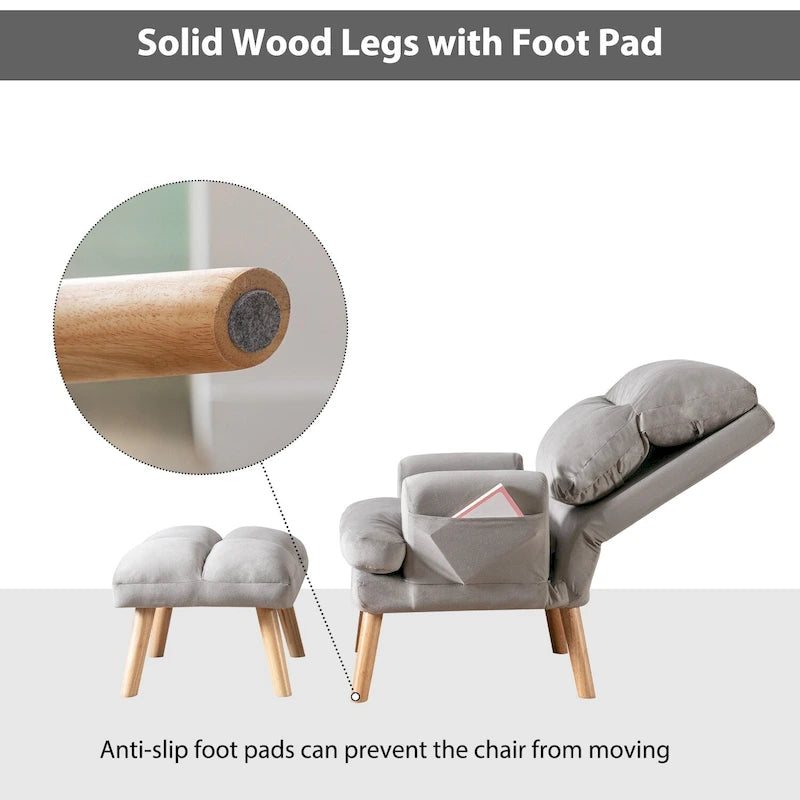 Fauteuil de salon décontracté en tissu souple avec dossier et pieds réglables, tabouret