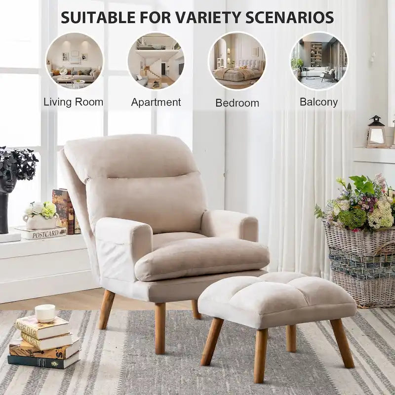 Fauteuil de salon décontracté en tissu souple avec dossier et pieds réglables, tabouret