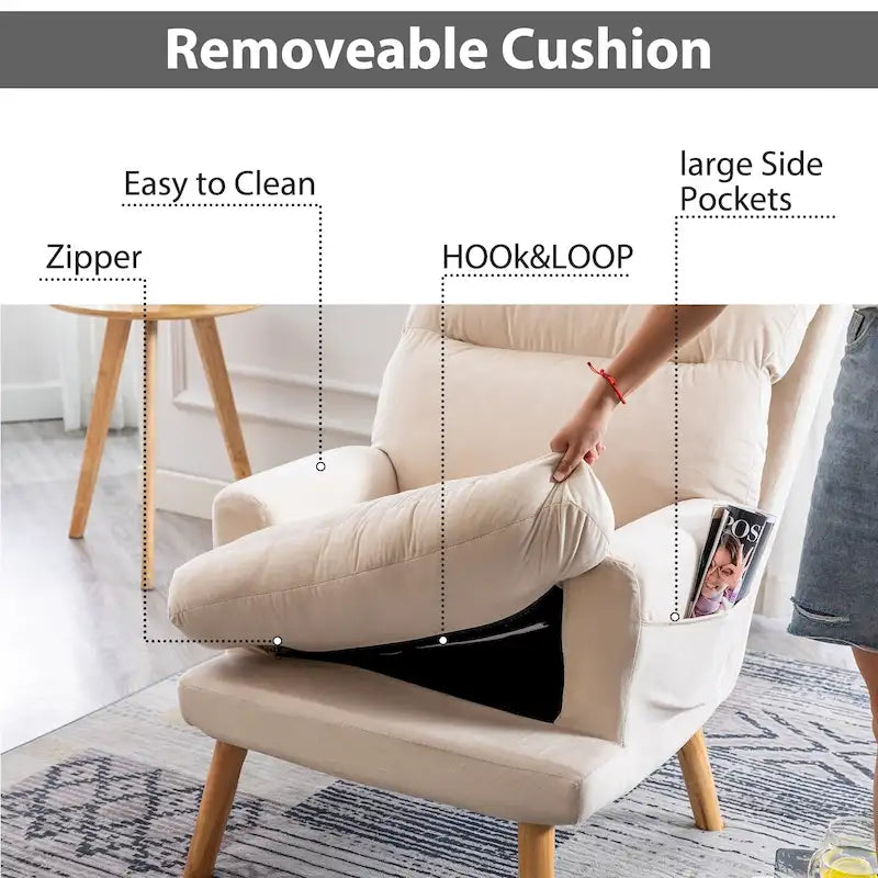Fauteuil de salon décontracté en tissu souple avec dossier et pieds réglables, tabouret