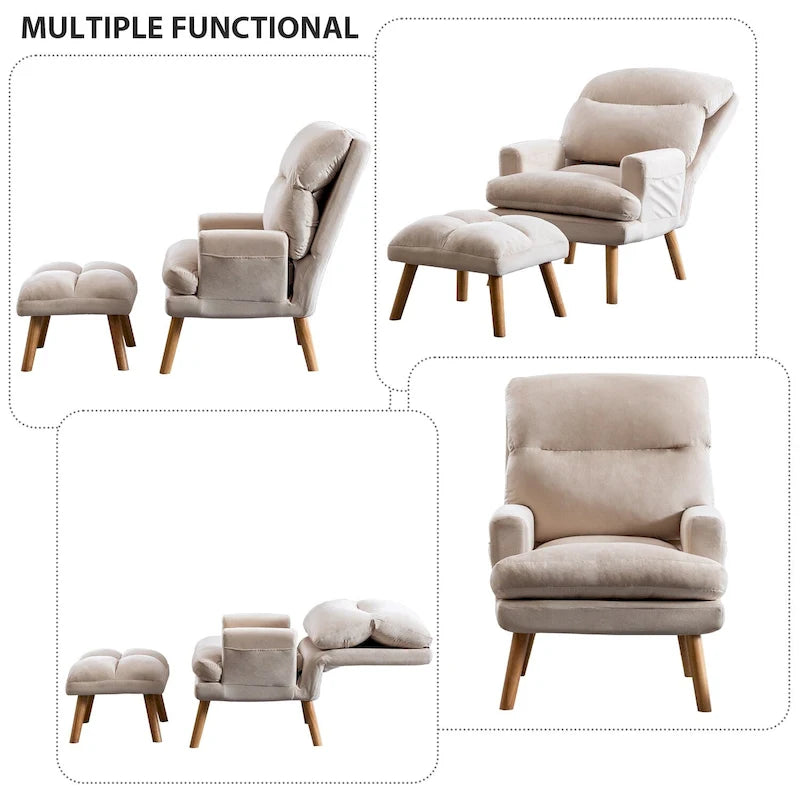 Fauteuil de salon décontracté en tissu souple avec dossier et pieds réglables, tabouret
