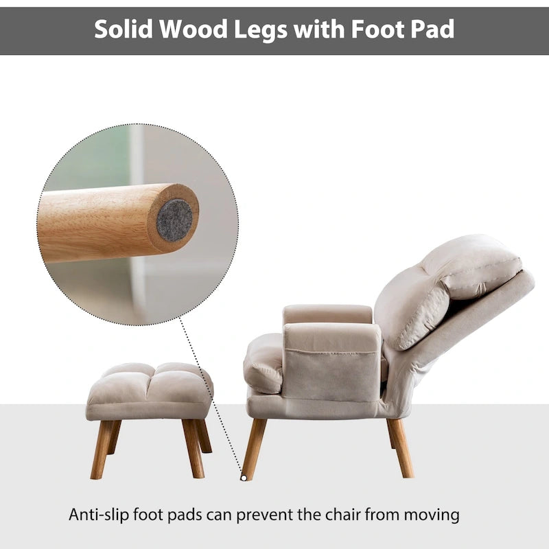 Fauteuil de salon décontracté en tissu souple avec dossier et pieds réglables, tabouret