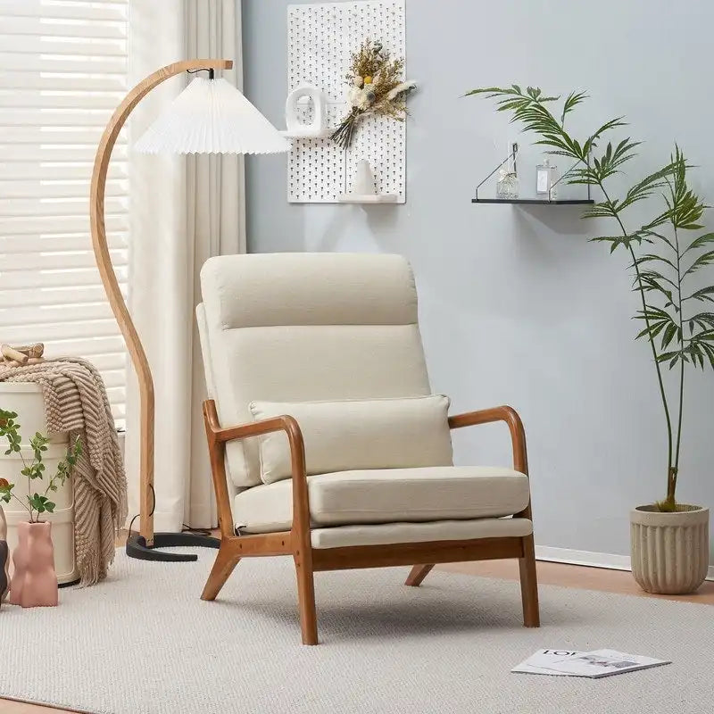 Fauteuil de loisirs avec dossier haut en bois massif et accoudoirs, fauteuil d'appoint